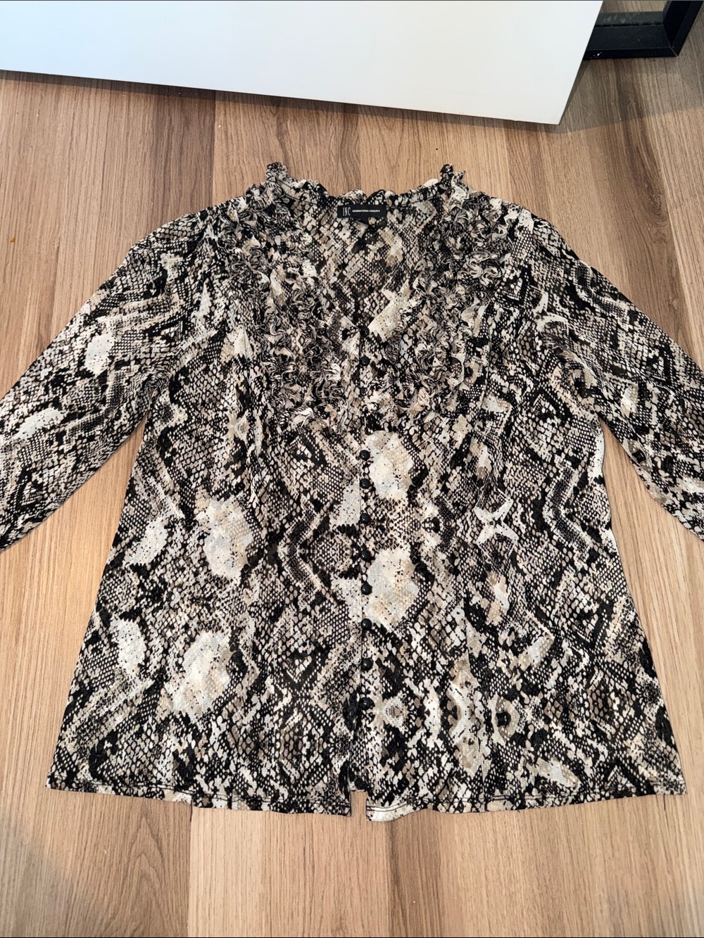 INC International Concepts Black & Cream Snake-Print Ruffle V-Neck Blouse